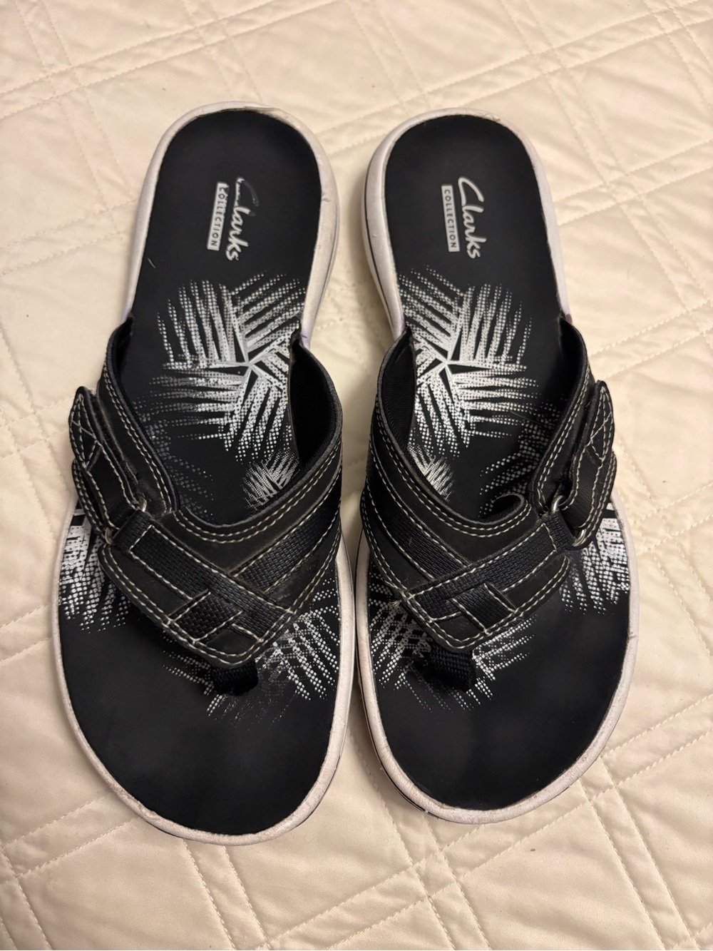 Clarks Black and White Palm-Print Toe-Post Sandals